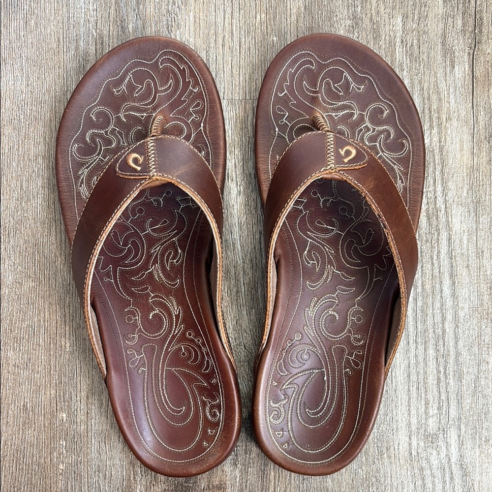 OluKai Brown Leather Sandals Mekila